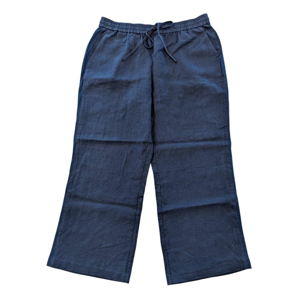THE WHITE CO. 100% Linen Pants 10 Navy Cotton Side Stripe Drawstring Pockets